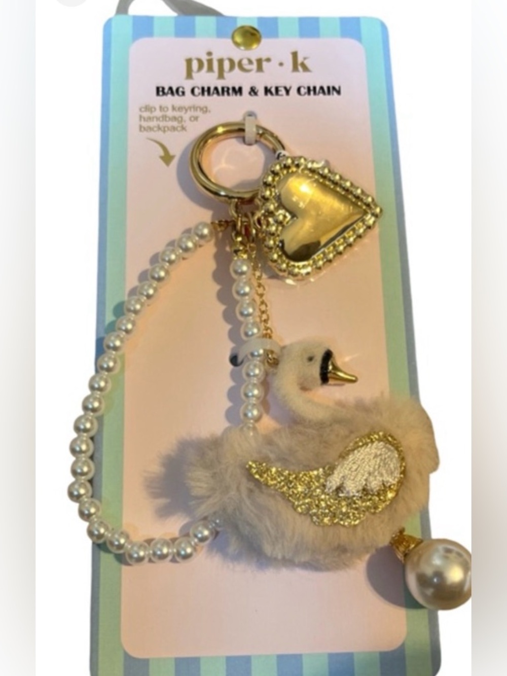 NWT Piper K Swan bag charm , Pink fluffy Swan , heart bag charm - pearl key ring